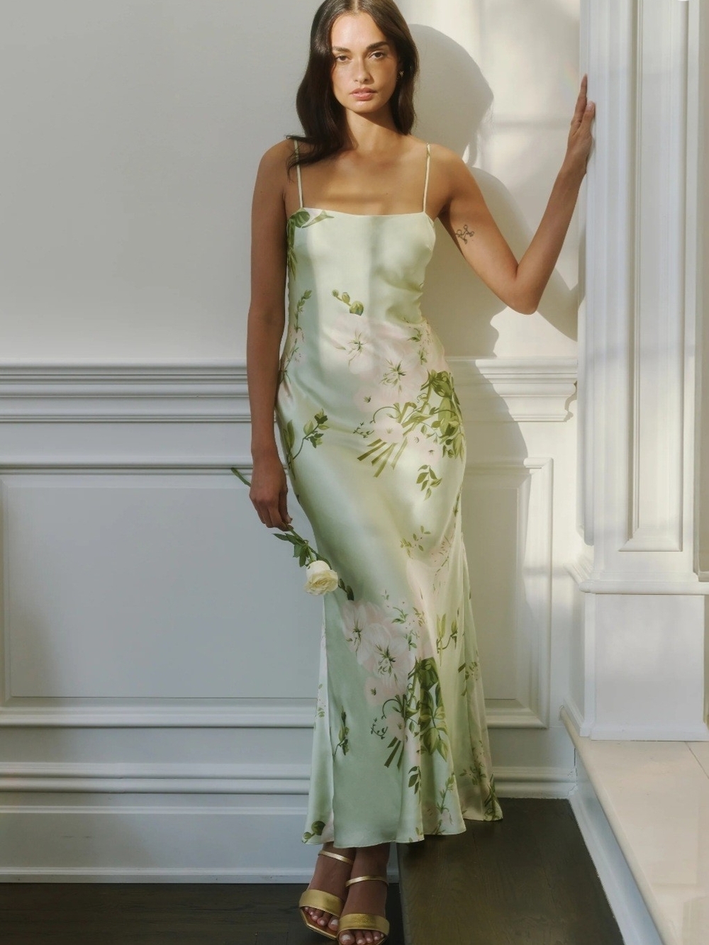 Few Moda O.P.T. Silk Floral Slip Dress in Light Sage